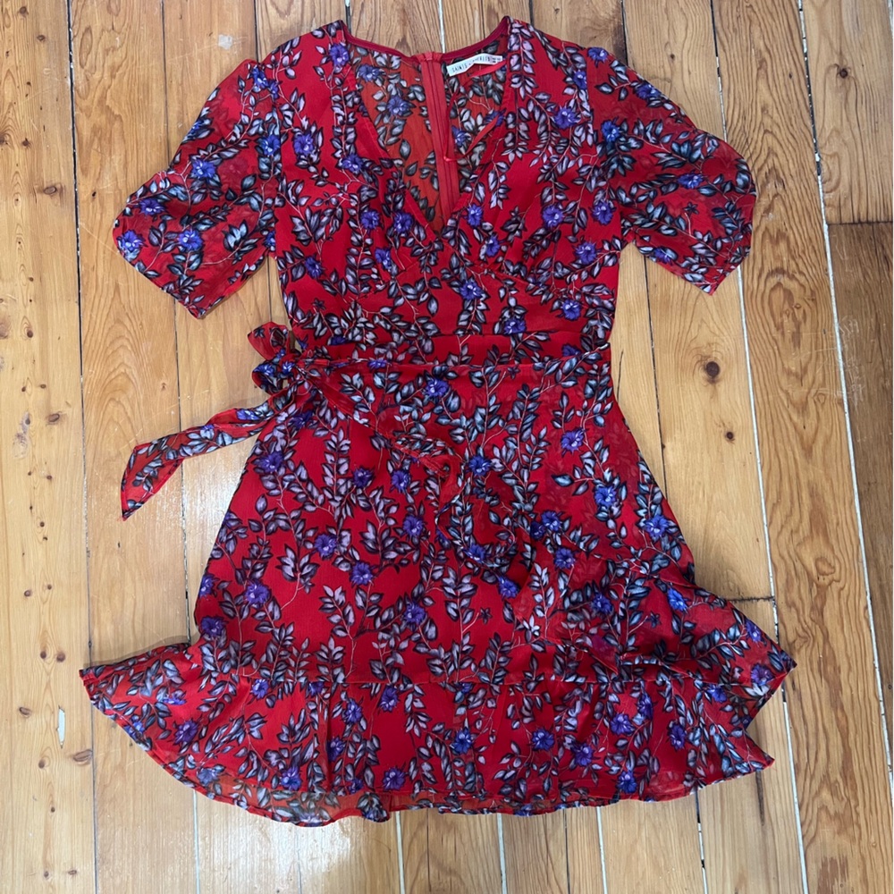 Red, floral dress with wrap front.🌺🌹